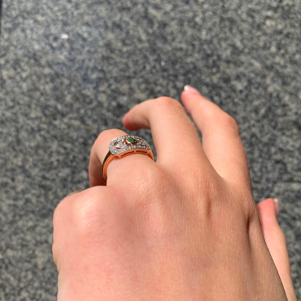 Sweet Art Deco Reproduction 9ct Rose Gold Emerald and Diamond Ring
