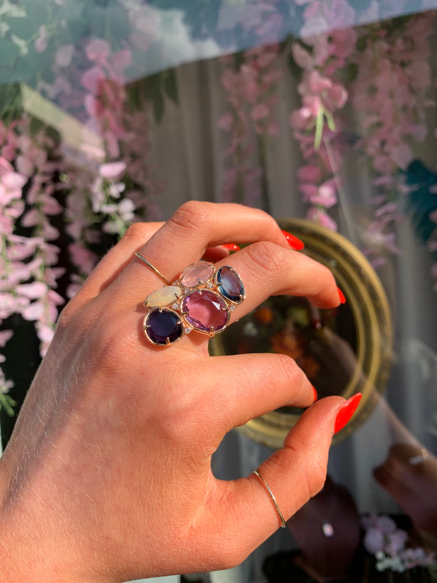 Peroni & Parise 14ct Rose Gold Rose Quartz, Iolite, Amethyst, Topaz, Opal and Diamond Ring