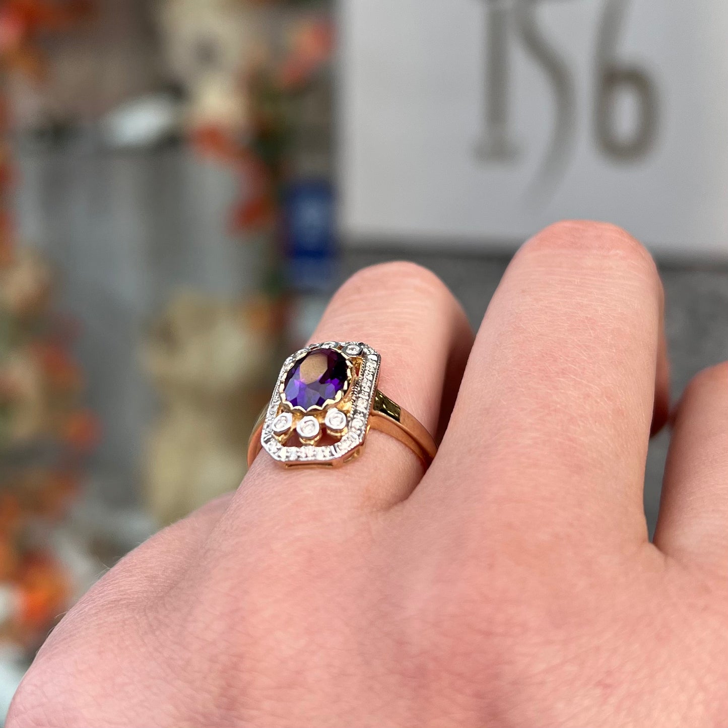 9ct Yellow Gold Amethyst and Diamond Art Deco Reproduction Ring - Size O