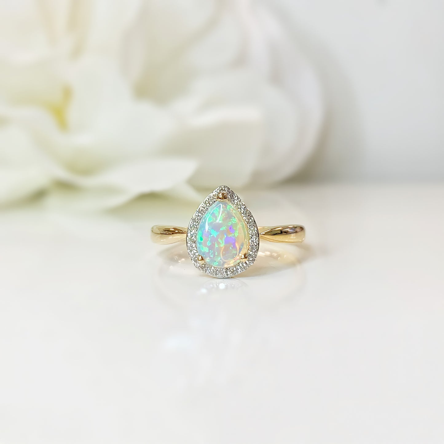PRE-ORDER 9ct Yellow Gold Opal and Diamond Pear Shaped Halo Ring - Size O