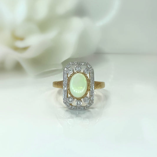 9ct Yellow Gold Opal and Diamond Ring - SIZE O 1/2