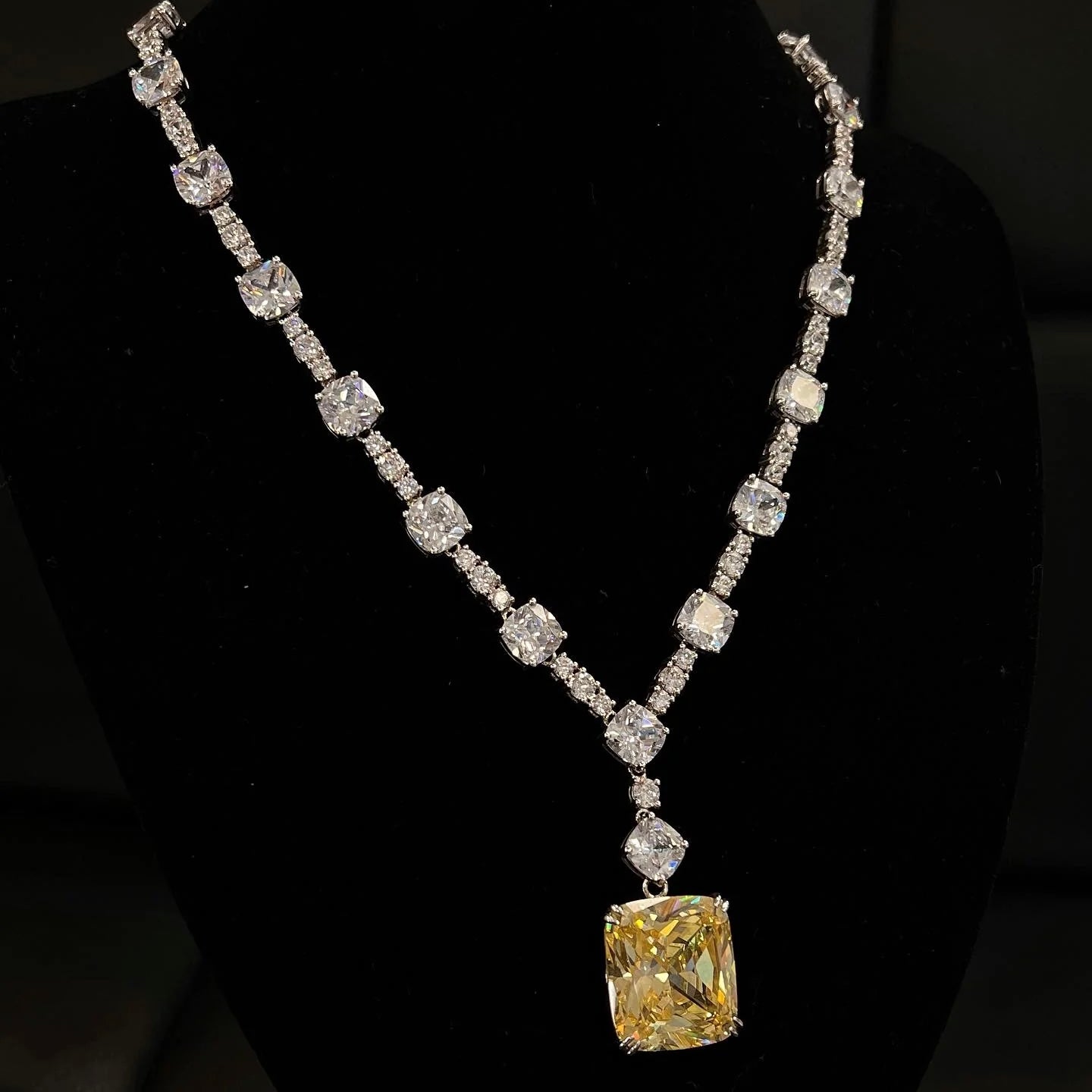 Clear and Lemon Yellow Cubic Zirconia Sterling Silver Encrusted Necklace