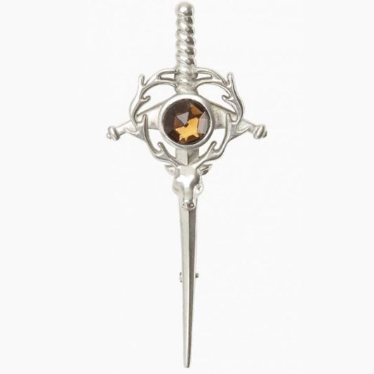 Stag Kilt Pin With Coloured Stone In Polished Pewter