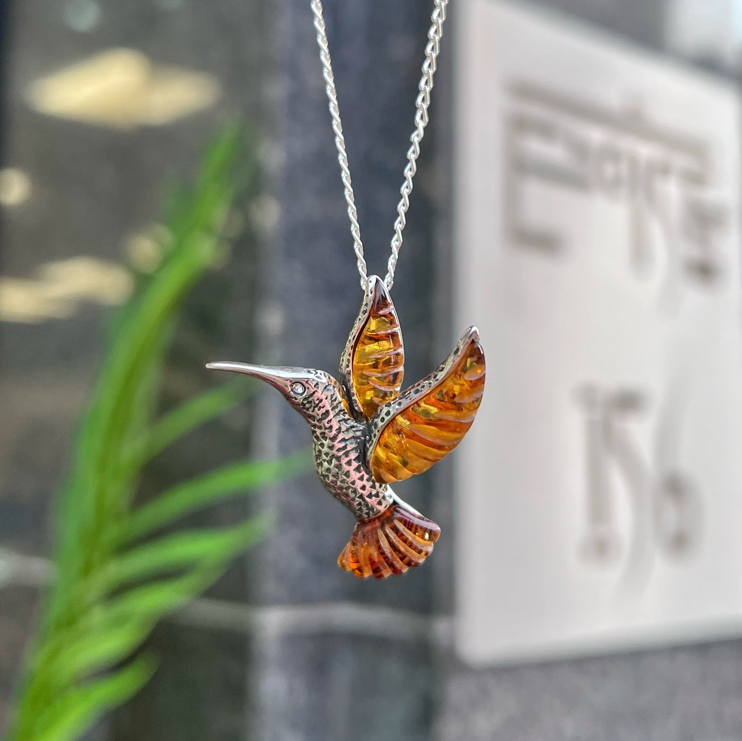 Sterling Silver Amber Bird Necklace