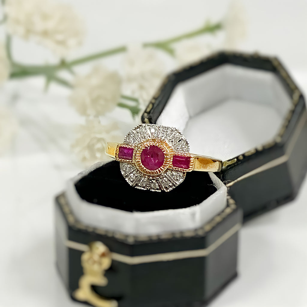 Ruby and Diamond Art Deco Reproduction 9ct Yellow Gold Ring | Size N