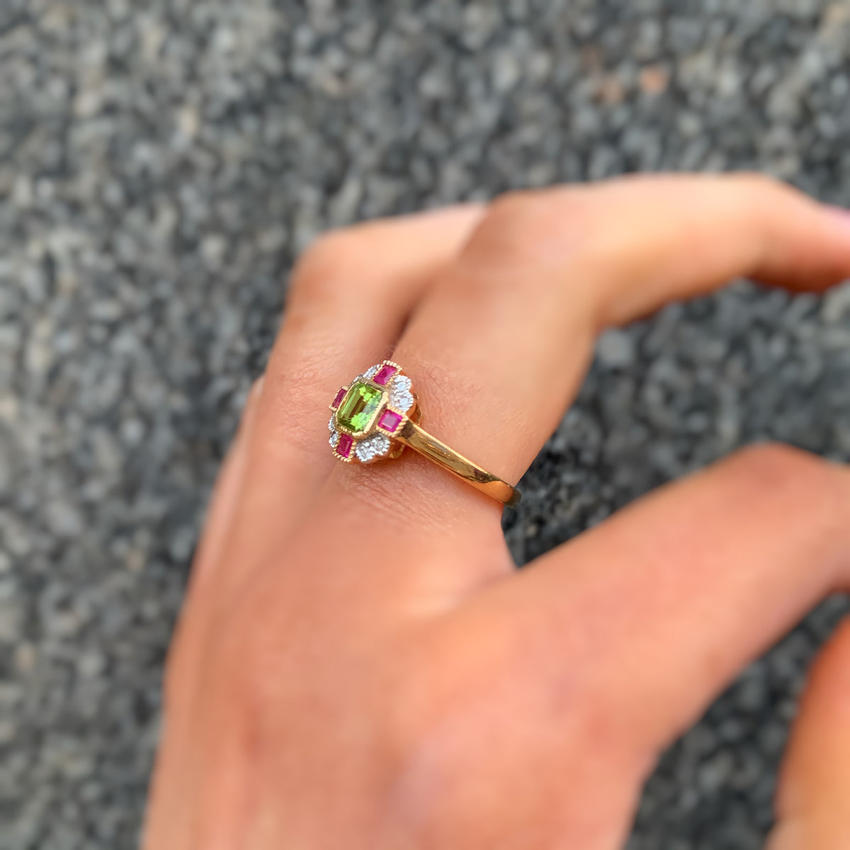 Peridot, Pink Ruby and Diamond Art Deco Reproduction 9ct Yellow Gold Ring | Size O