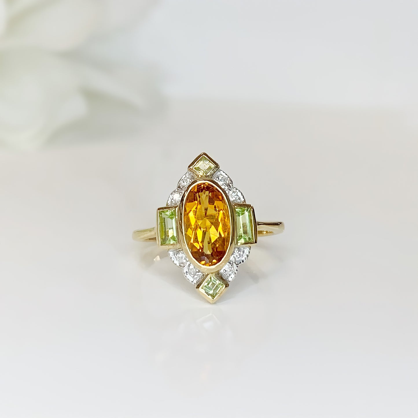 Art Deco Inspired 9ct Yellow Gold Citrine, Peridot and Diamond Ring - Size L 1/2