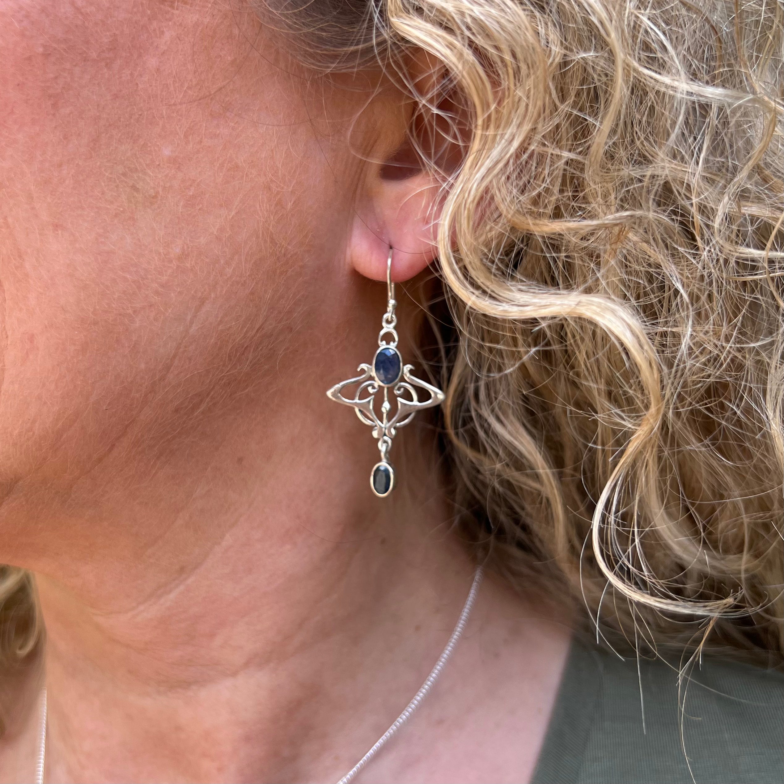 Blue Sapphire Sterling Silver Art Nouveau Inspired Earrings