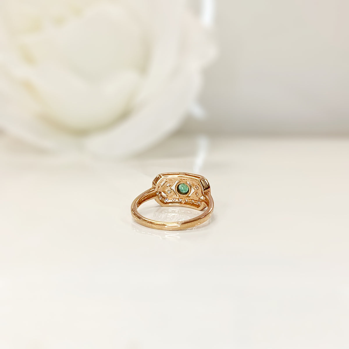Sweet Art Deco Reproduction 9ct Rose Gold Emerald and Diamond Ring