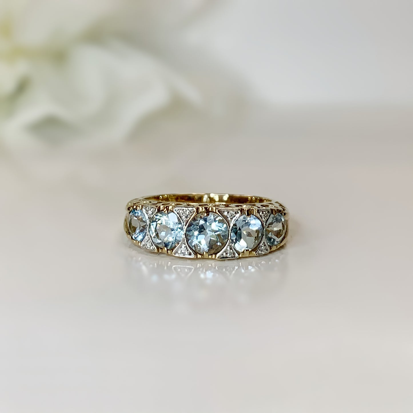 Edwardian Inspired 9ct Yellow Gold Aquamarine and Diamond Ring- SIZE M