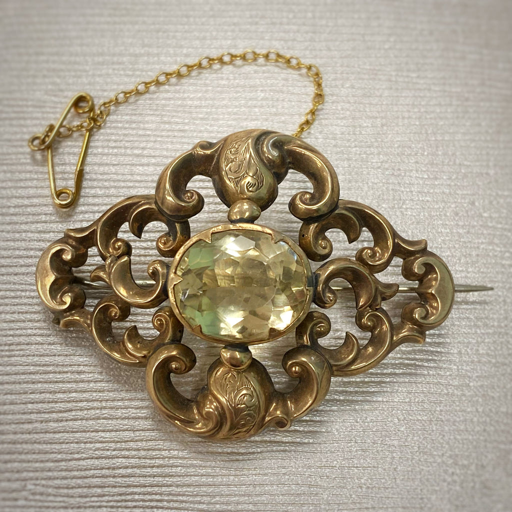 Victorian Golden Citrine 9ct Yellow Gold Brooch (with safety chain)