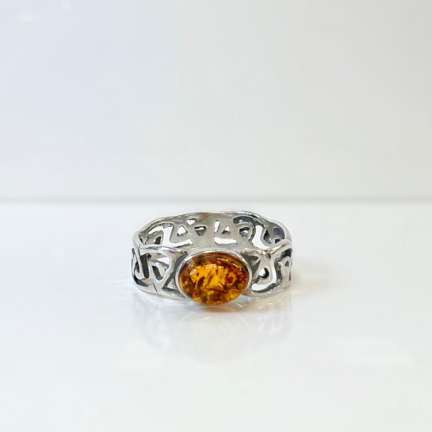 Sterling Silver Celtic Knot Design Amber Ring  - Size M