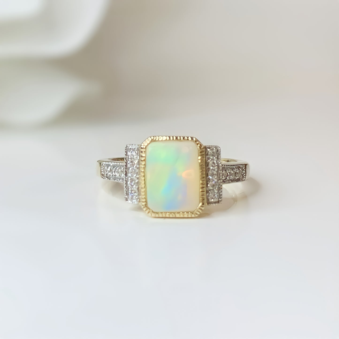 Art Deco Inspired 9ct Yellow Gold Opal and Diamond Ring – SIZE K
