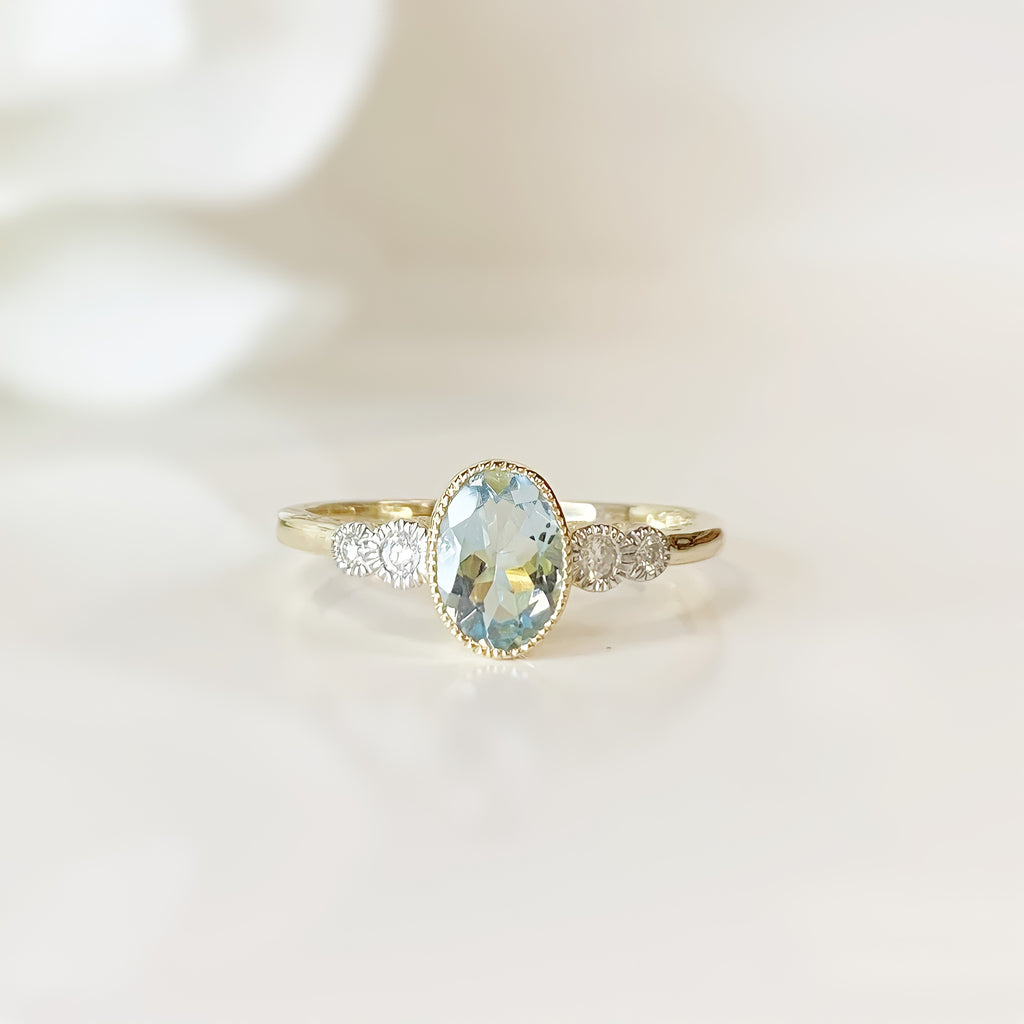 9ct Yellow Gold Aquamarine and Diamond Ring