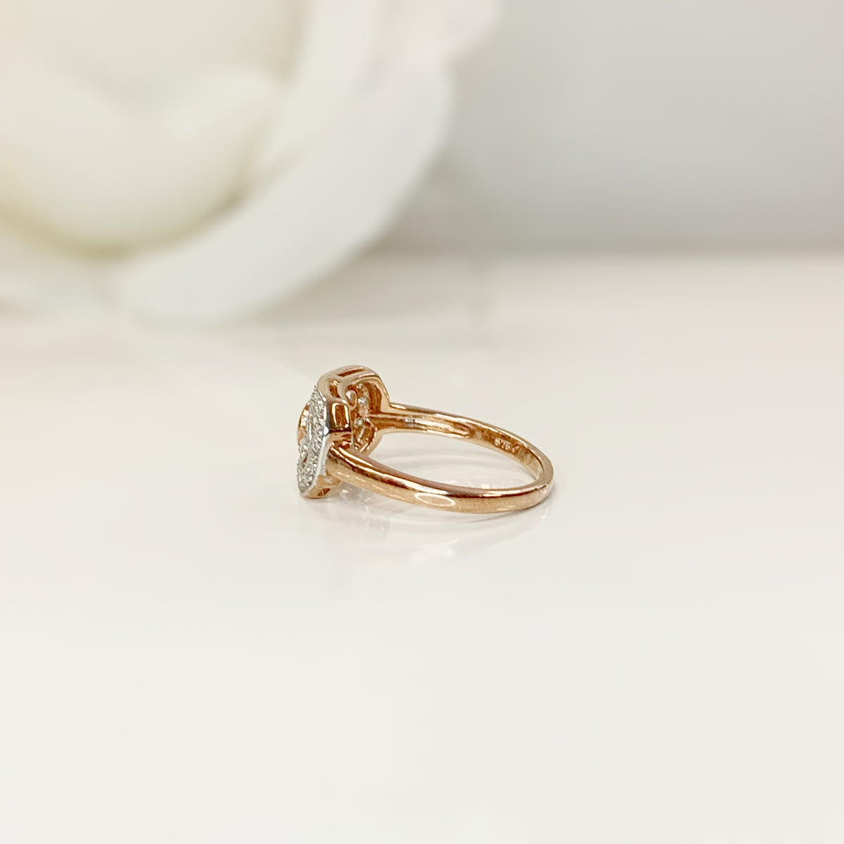 Sweet Art Deco Reproduction 9ct Rose Gold Emerald and Diamond Ring