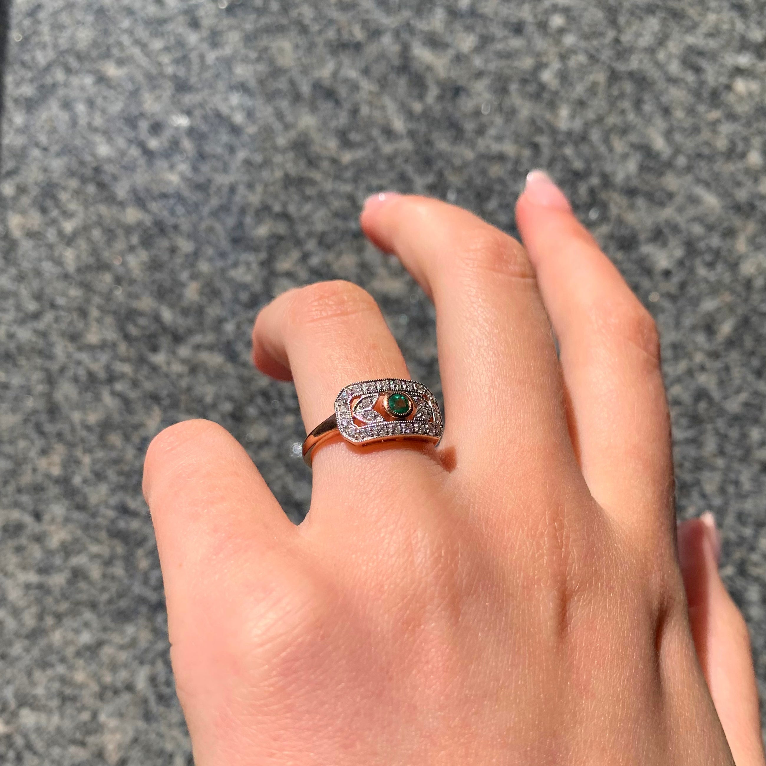 Sweet Art Deco Reproduction 9ct Rose Gold Emerald and Diamond Ring
