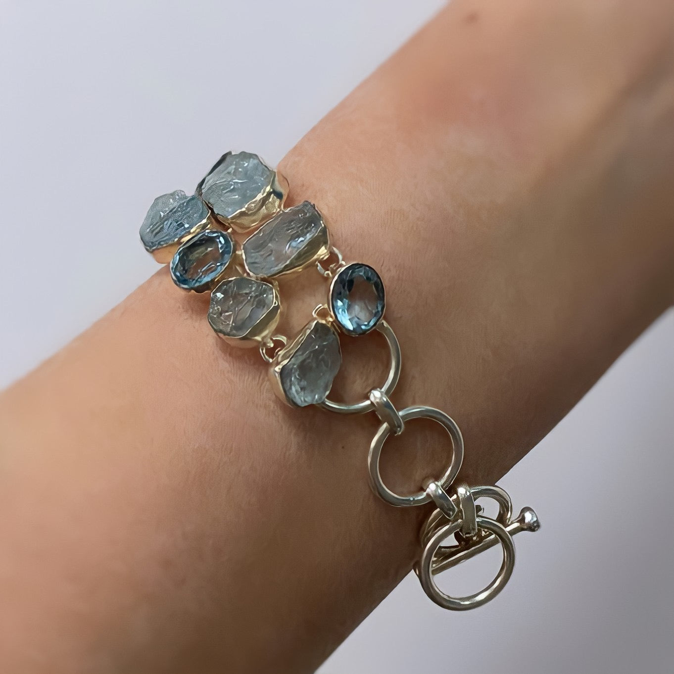 Sterling Silver Raw Aquamarine and Blue Topaz Bracelet