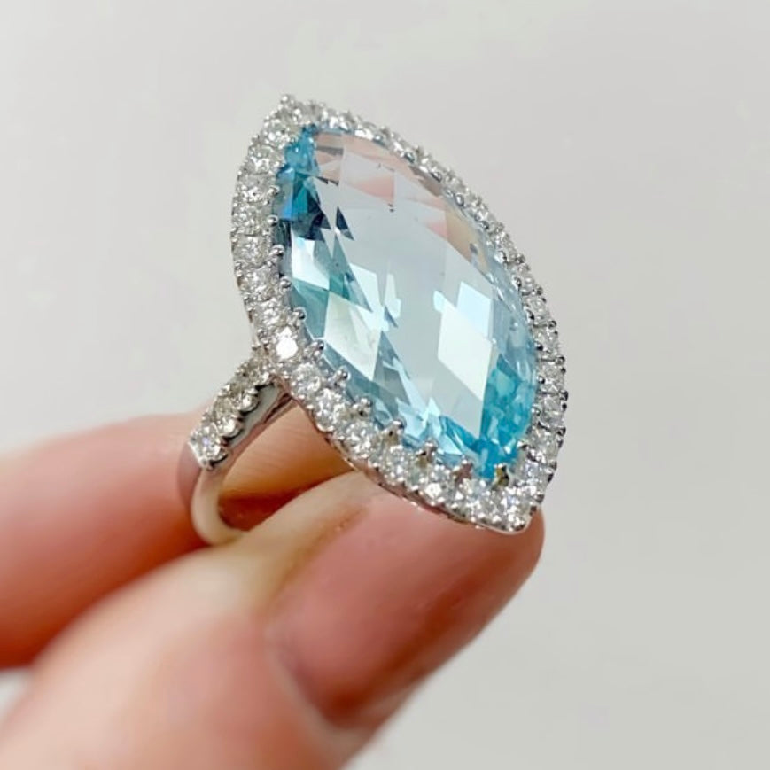 Marquise Cut Blue Topaz & Diamond 18ct White Gold Cocktail Ring | Size M