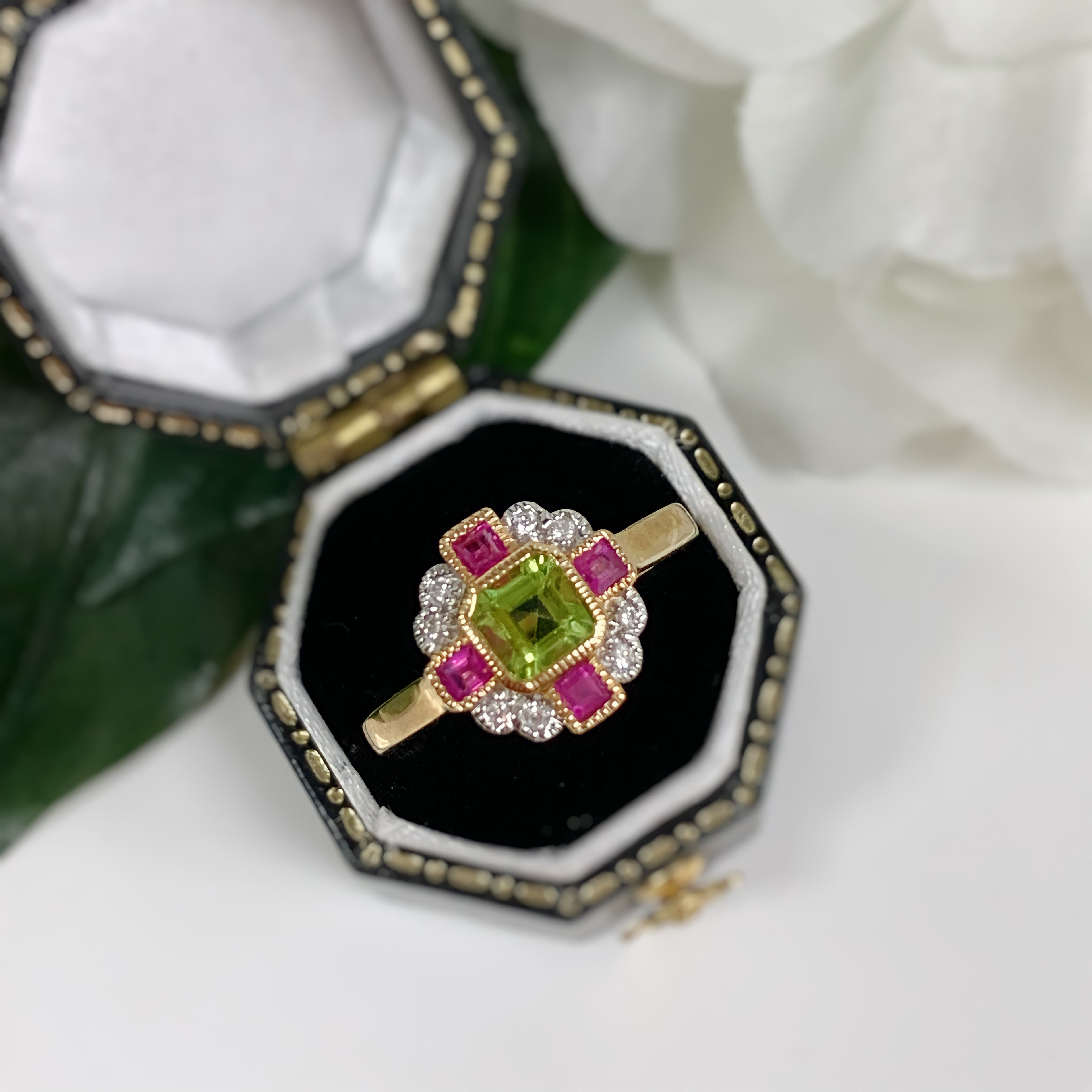 Peridot, Pink Ruby and Diamond Art Deco Reproduction 9ct Yellow Gold Ring | Size O