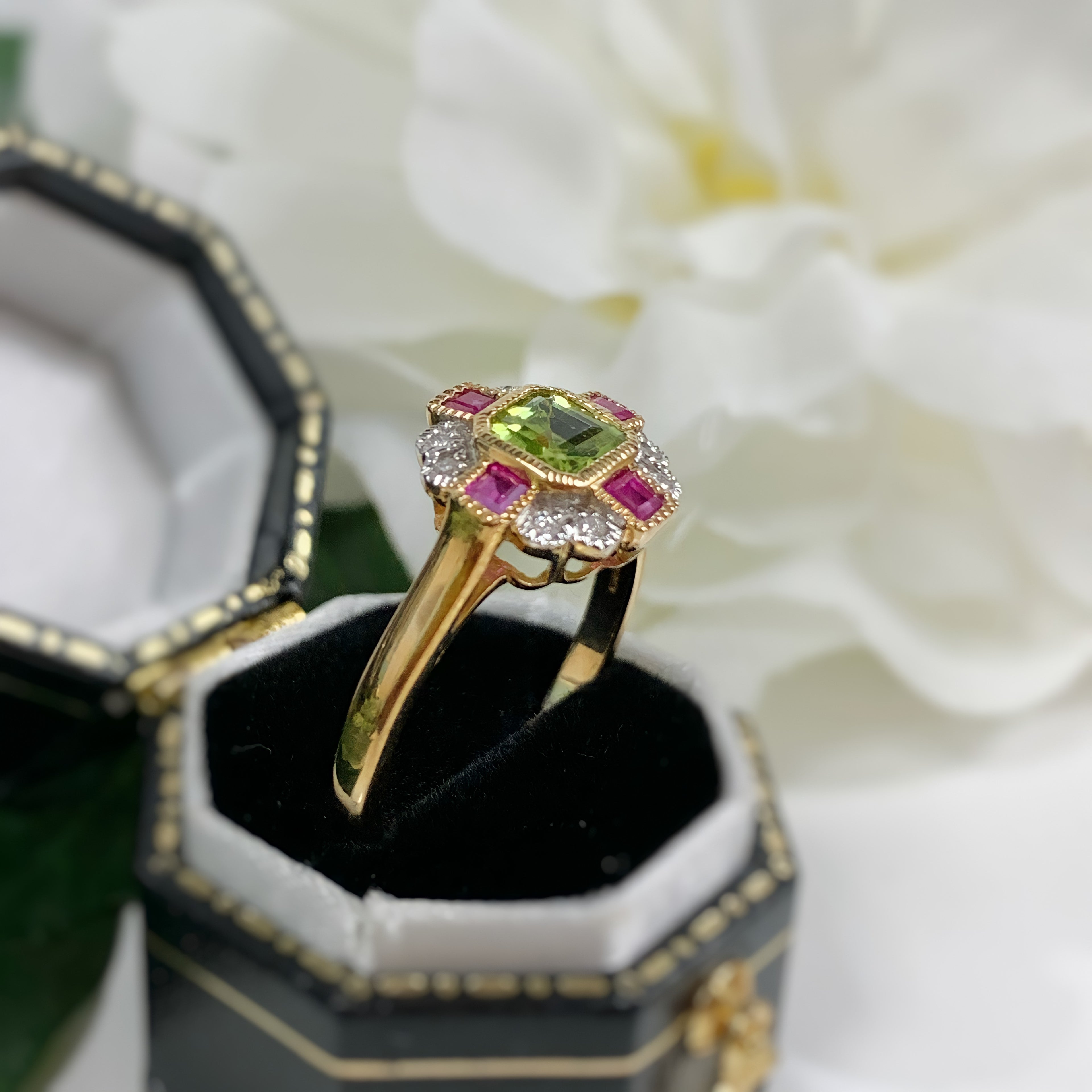Peridot, Pink Ruby and Diamond Art Deco Reproduction 9ct Yellow Gold Ring | Size O