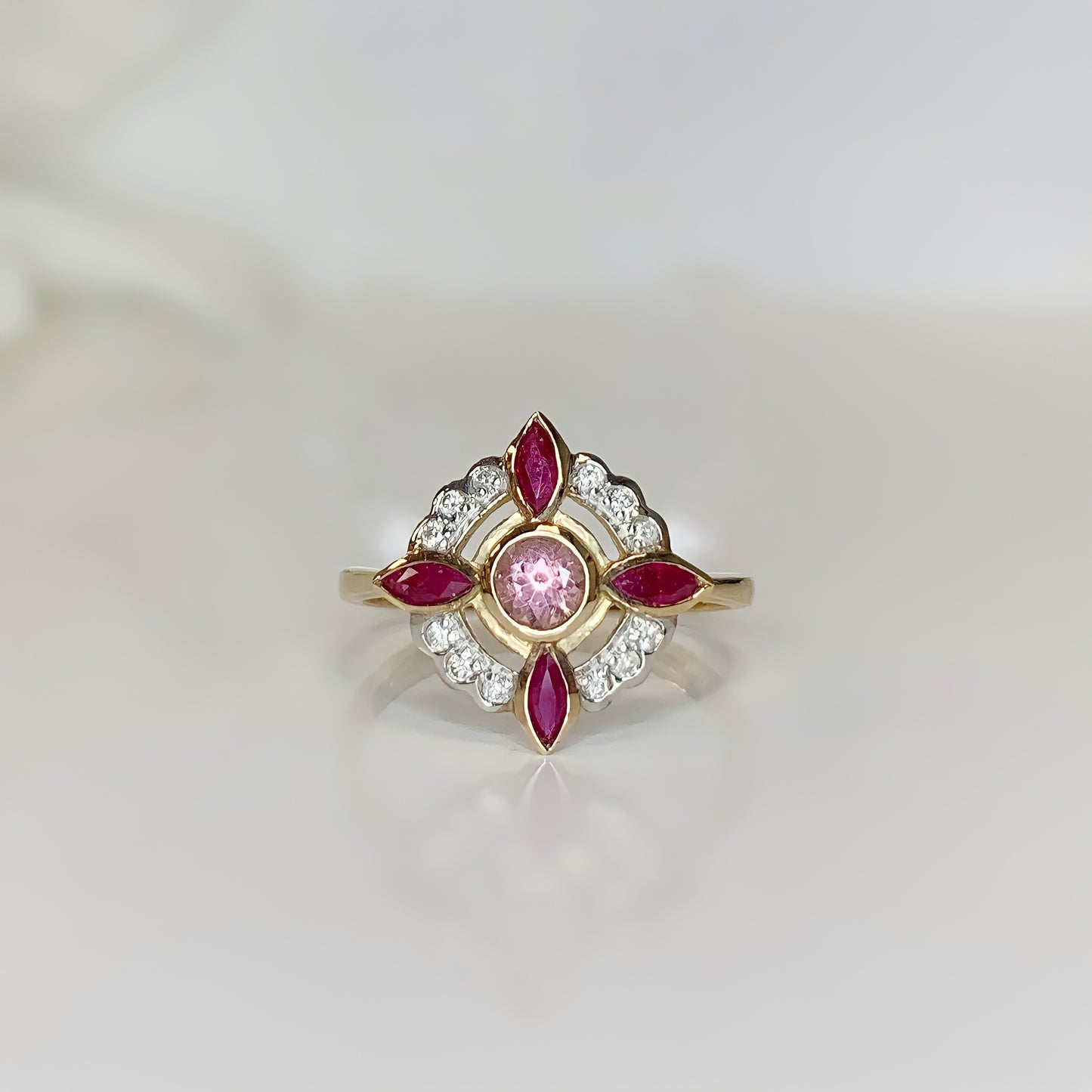 Edwardian Inspired 9ct Yellow Gold Pink Tourmaline Ruby And Diamond Ring - SIZE O