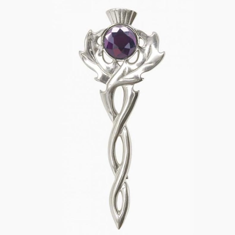 Thistle Kilt Pin With Coloured Stone In Polished Pewter