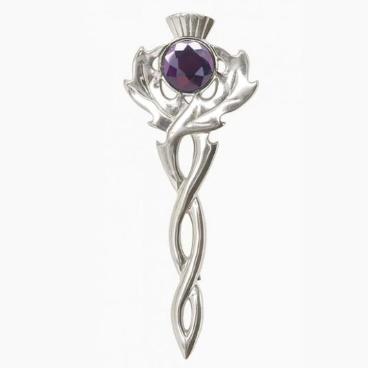 Thistle Kilt Pin With Coloured Stone In Polished Pewter (Different Colours Available)