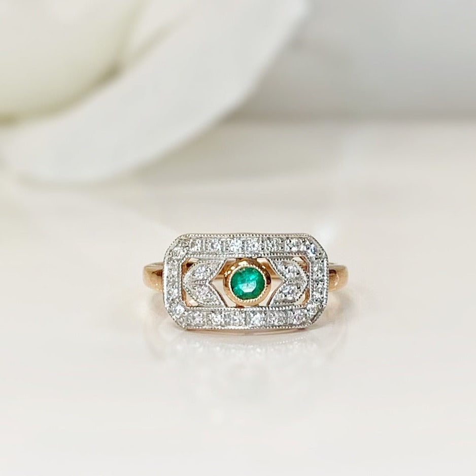 Sweet Art Deco Reproduction 9ct Rose Gold Emerald and Diamond Ring
