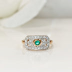 Sweet Art Deco Reproduction 9ct Rose Gold Emerald and Diamond Ring