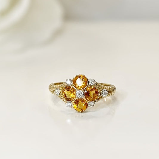 9ct Yellow Gold Citrine and Diamond Victorian Reproduction Ring - Size M 1/2
