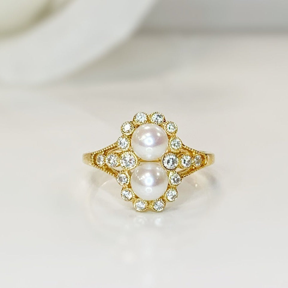 Edwardian Reproduction 18ct Yellow Gold Freshwater Pearl and Diamond Ring