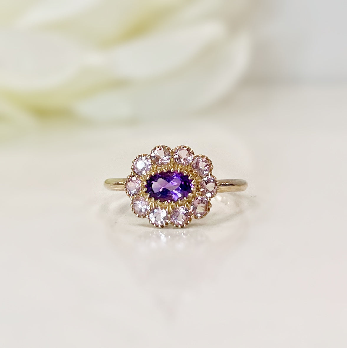 9ct Yellow Gold Amethyst and Diamond Floral Victorian Reproduction Ring - Size M 1/2