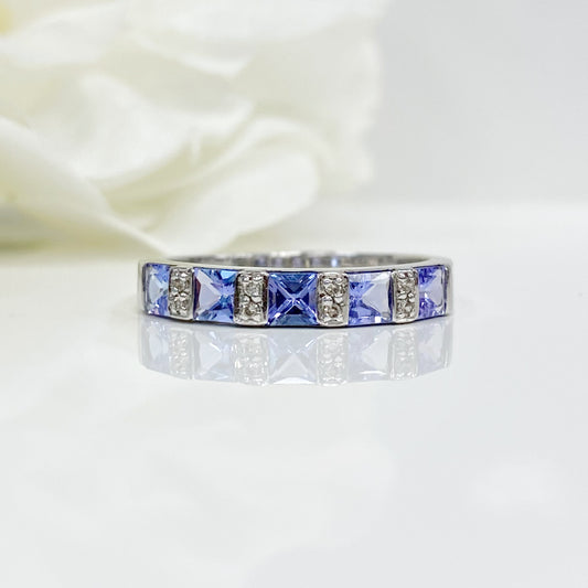 9ct White Gold Tanzanite and Diamond Eternity Ring- Size N 1/2