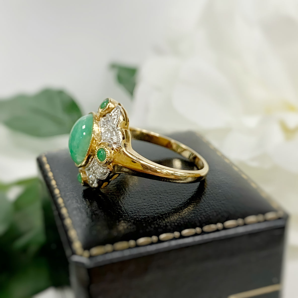 Jade and Diamond Art Deco Reproduction 9ct Yellow Gold Ring | Size N ½