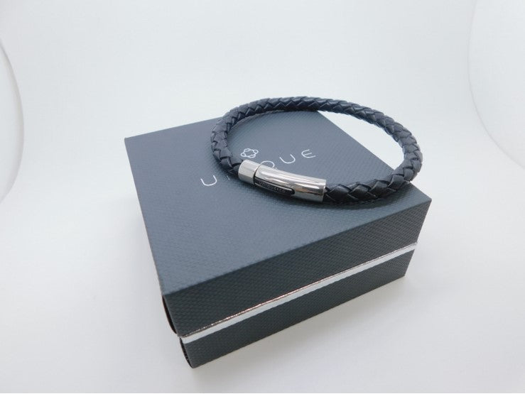 Mens UNIQUE & Co. black leather bracelet with silver and black steel clasp