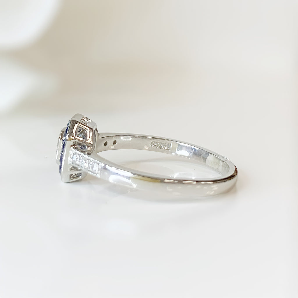 Art Deco Inspired Platinum Sapphire and Diamond Ring