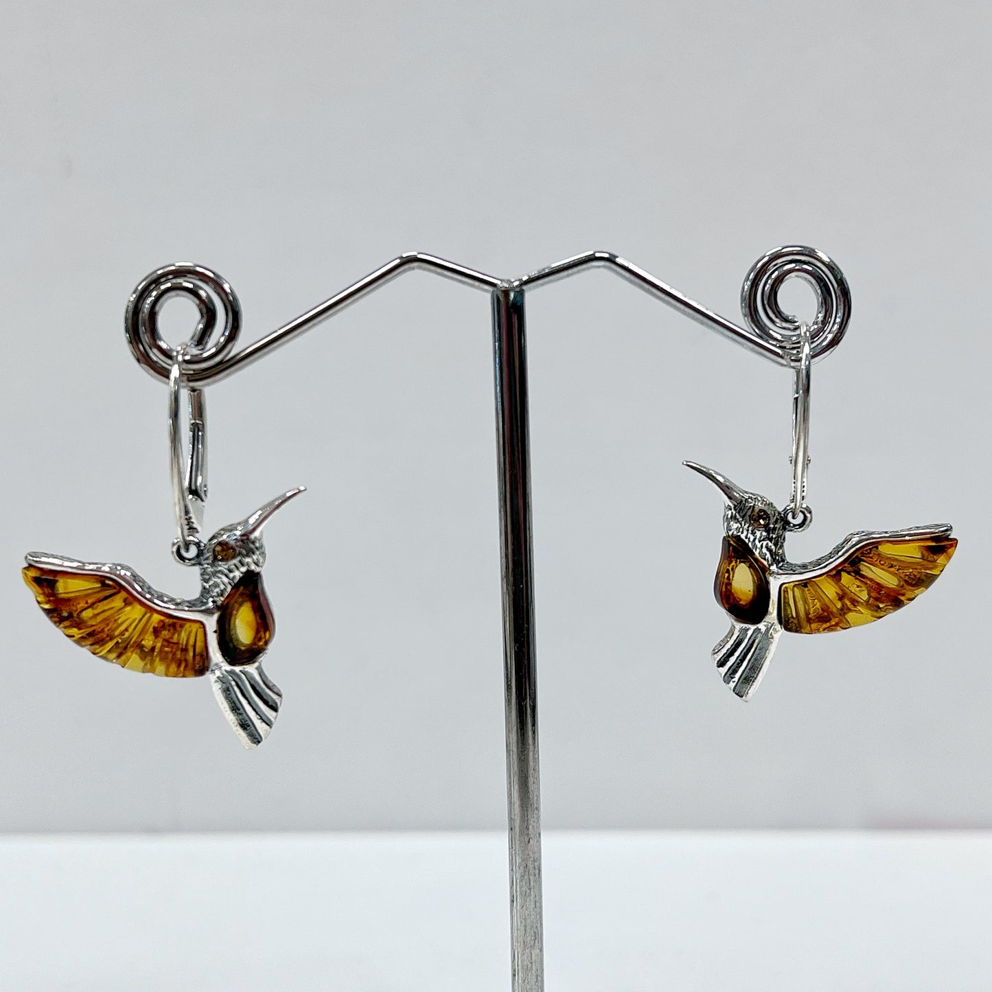 Sterling Silver Amber Hummingbird Leverback Earrings