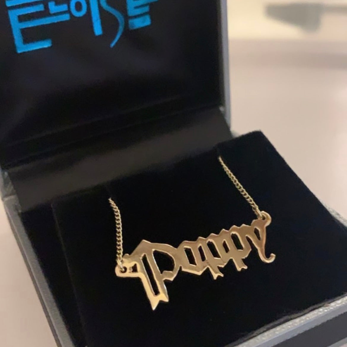 Personalised Gothic Name dropper Necklace - 9ct Gold