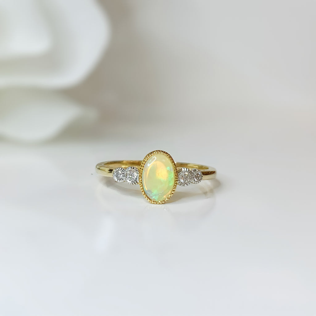 9ct Yellow Gold Opal and Diamond Ring
