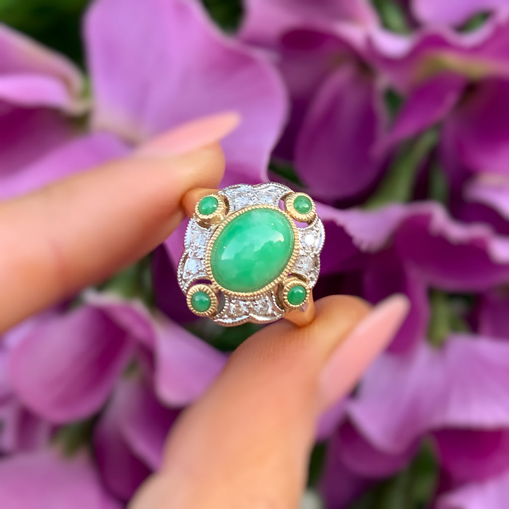 Jade and Diamond Art Deco Reproduction 9ct Yellow Gold Ring | Size N ½