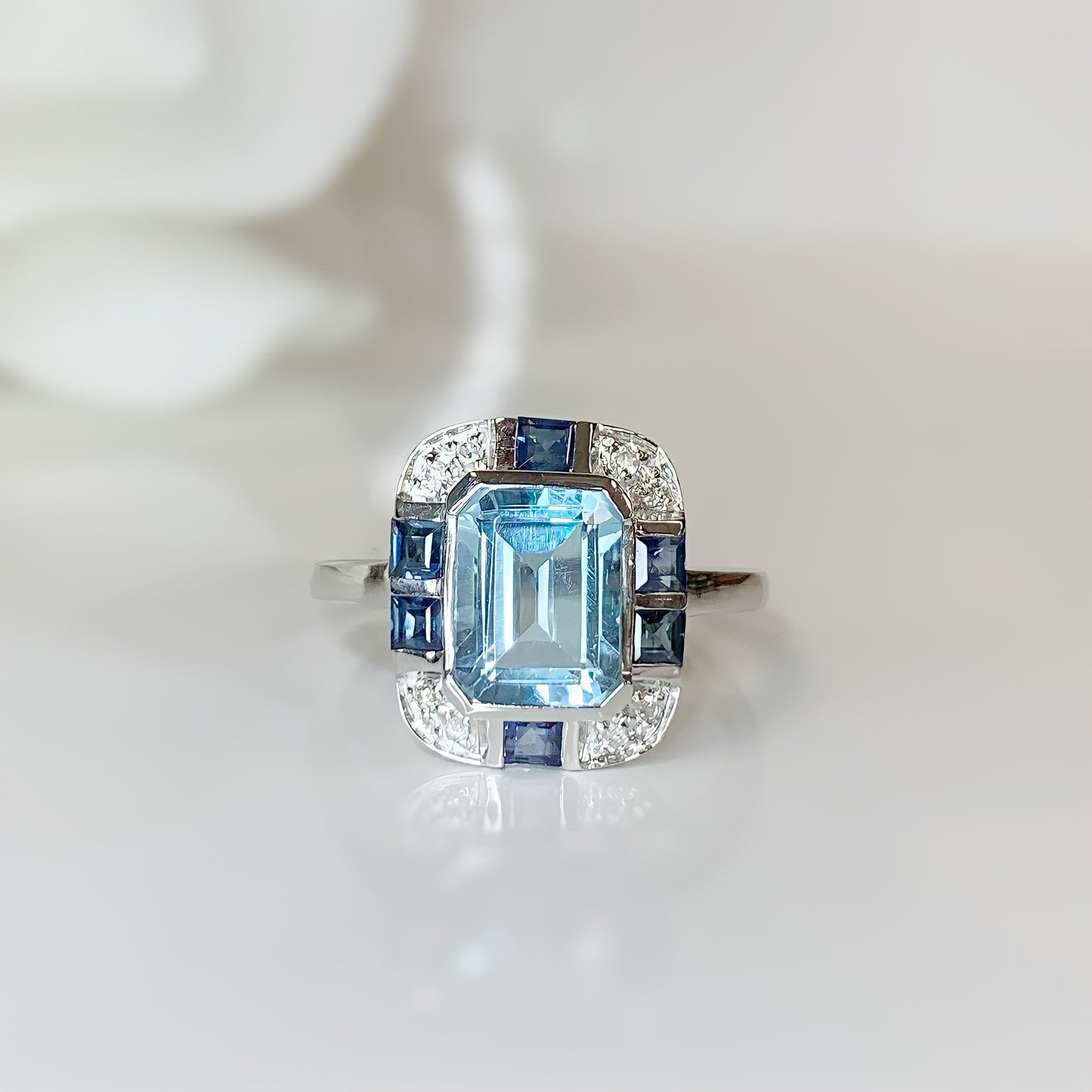Art Deco Inspired 9ct White Gold Blue Topaz, Sapphire and Diamond Ring – SIZE L1/2