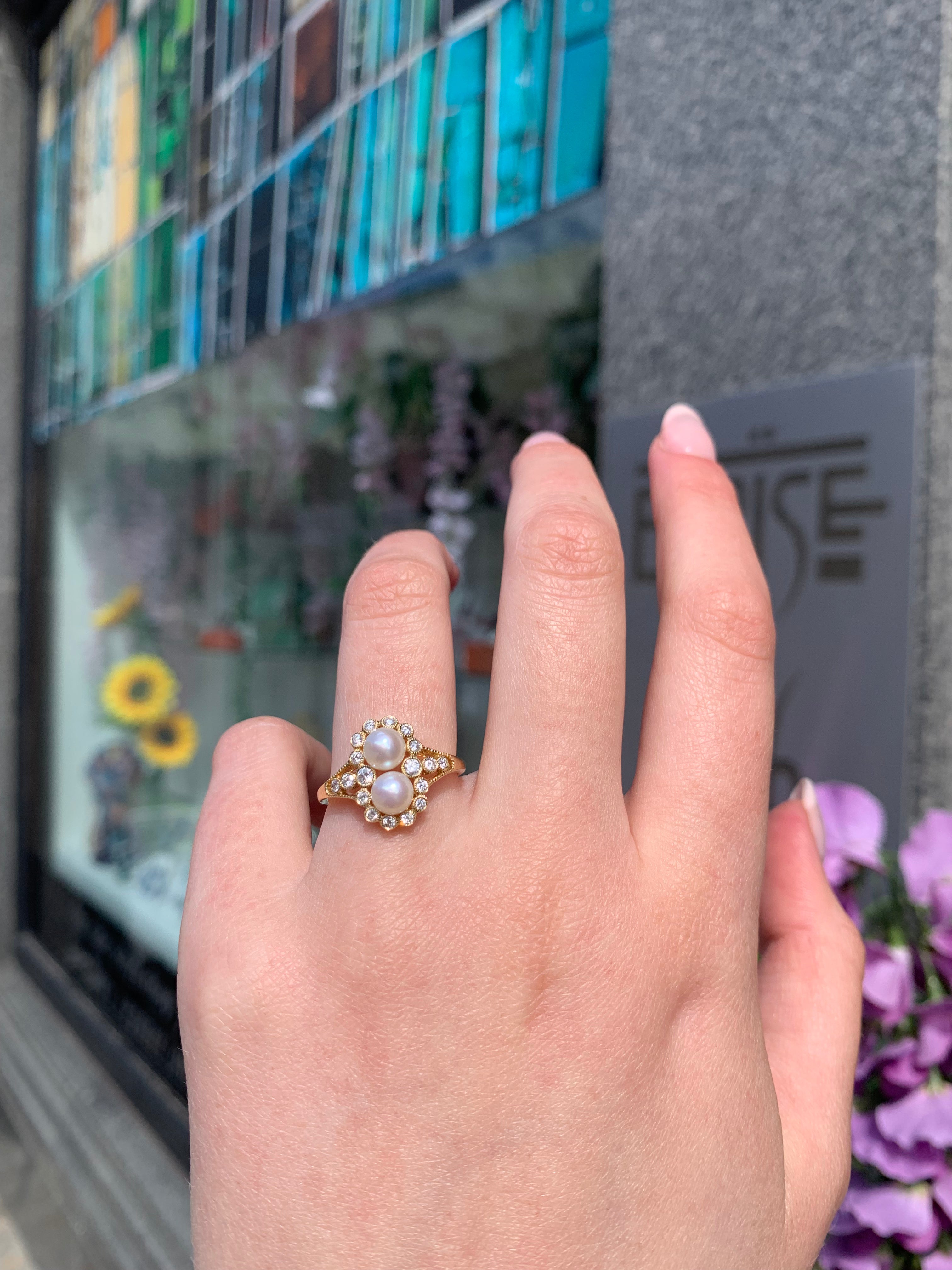 Edwardian Reproduction 18ct Yellow Gold Freshwater Pearl and Diamond Ring