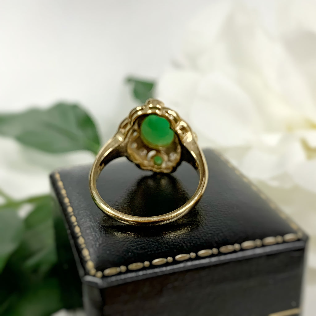 Jade and Diamond Art Deco Reproduction 9ct Yellow Gold Ring | Size N ½
