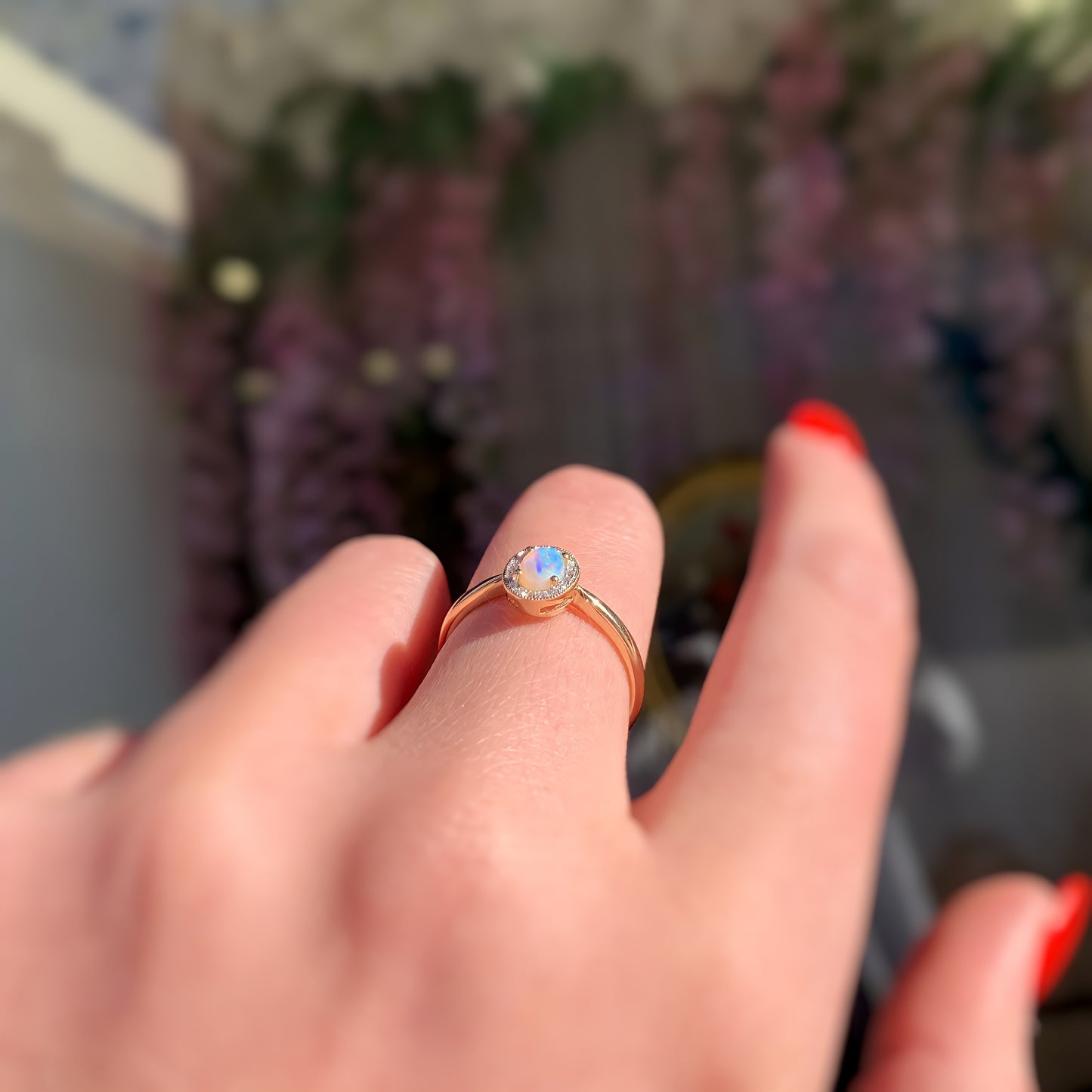 Dainty 9ct Yellow Gold Opal and Diamond Ring - Size O
