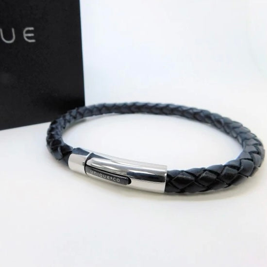 Mens UNIQUE & Co. black leather bracelet with silver and black steel clasp