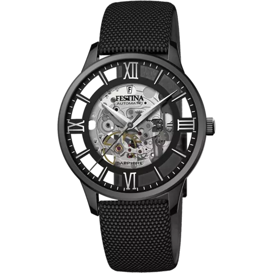 Gent's Festina Skeleton Black Leather Watch